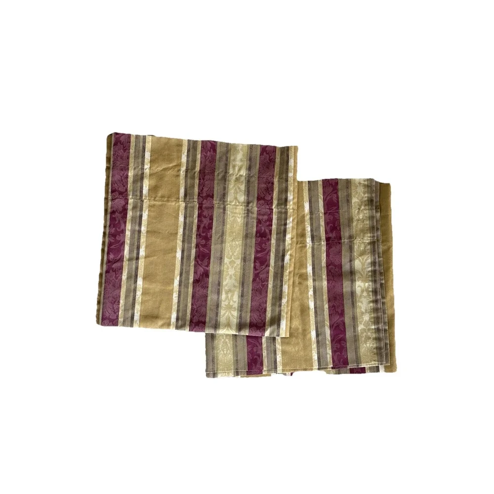 Pair Vintage Striped Valances Maroon Tan Green Jacquard Print Curtains Short 2